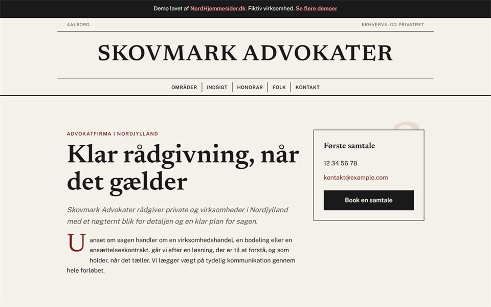 Skærmbillede af demohjemmesiden for Skovmark Advokater