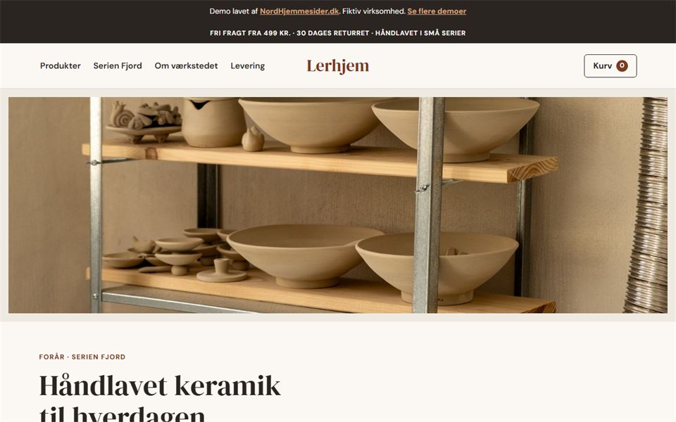 Skærmbillede af demohjemmesiden for Lerhjem Keramik